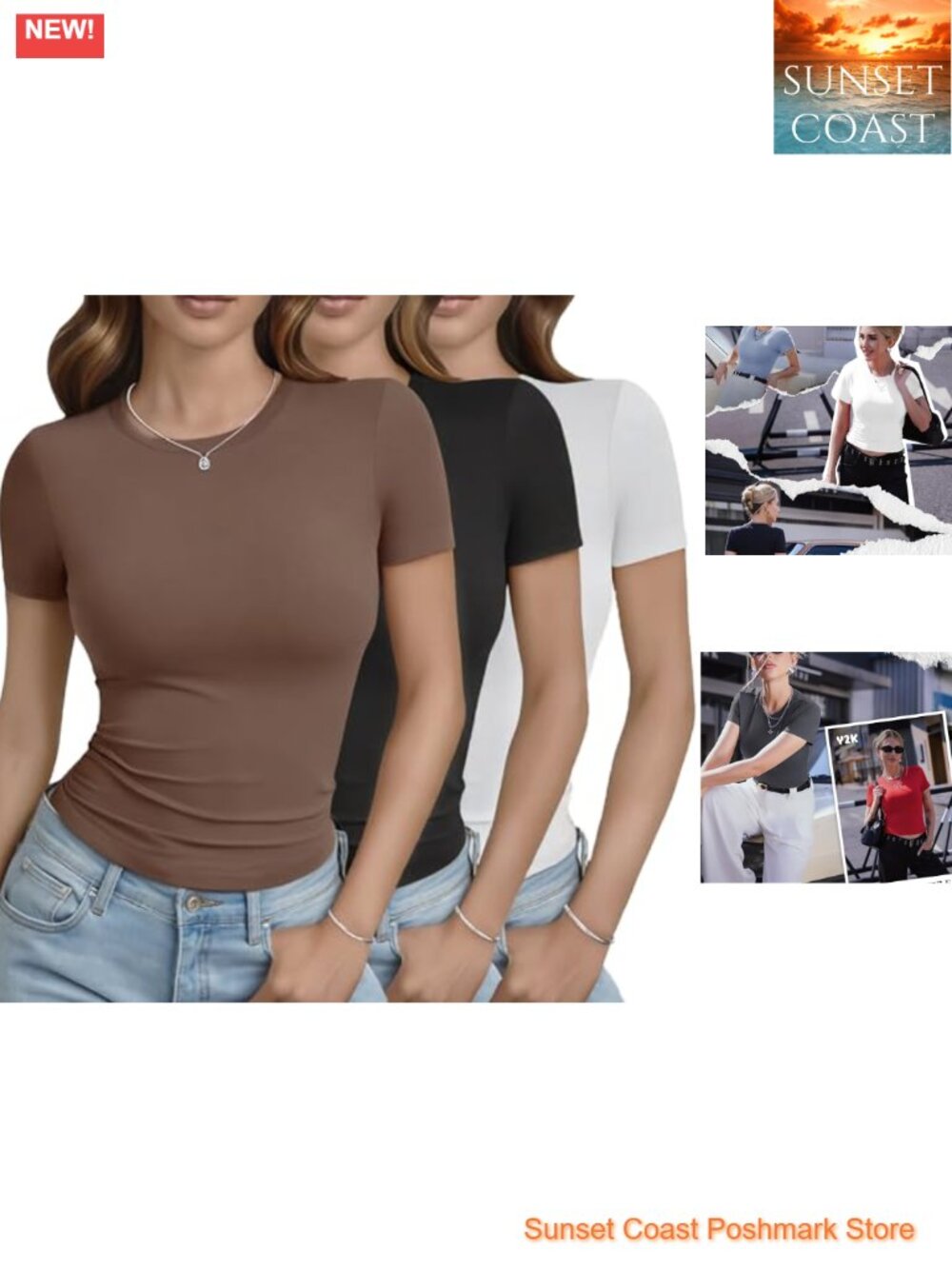 Women's 3 Pack Basic Tees Slim Fit Crew Neck Short Sleeve Crop Top T-Shirts